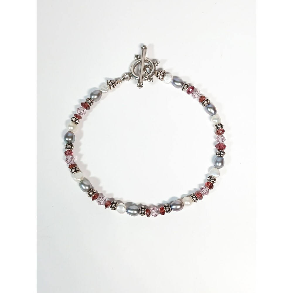Sterling Silver Gray White Pearl Crystal Toggle Bracelet 7.25"